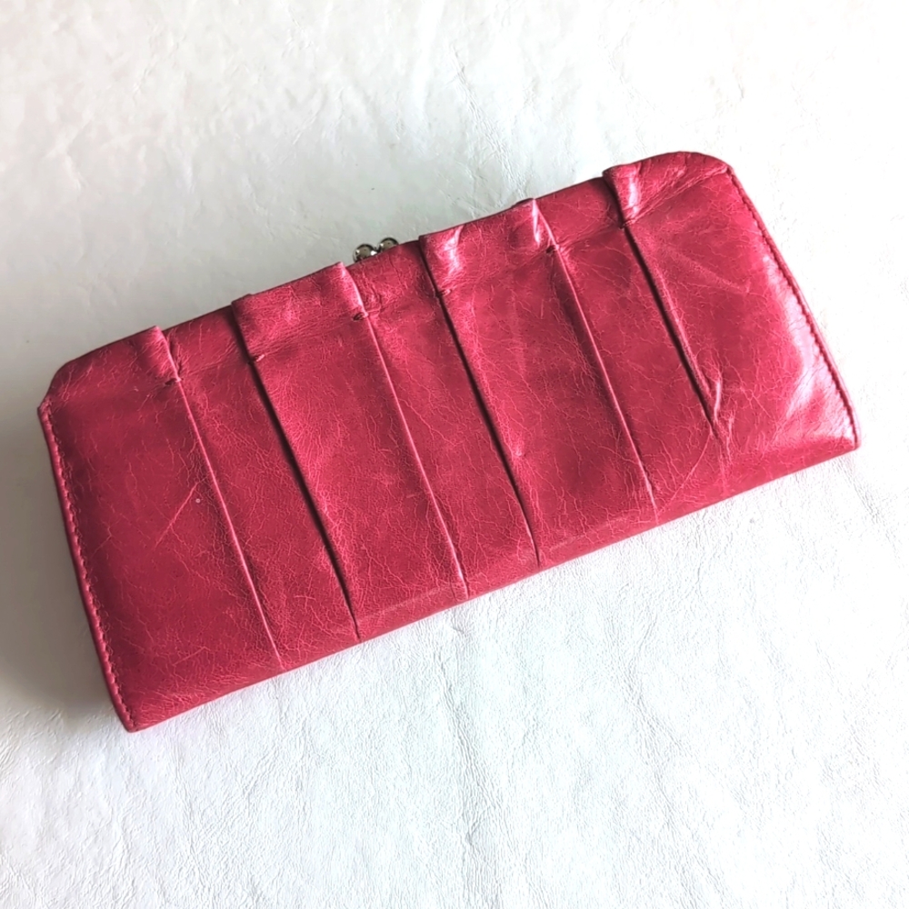 Hobo Fuchsia Pink Pleated Leather Clasp Top  Clutch Wallet
